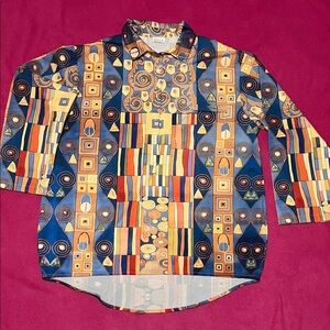 Vibrant Swirl Print Button-Up Shirt in Blue, Mustard & Orange